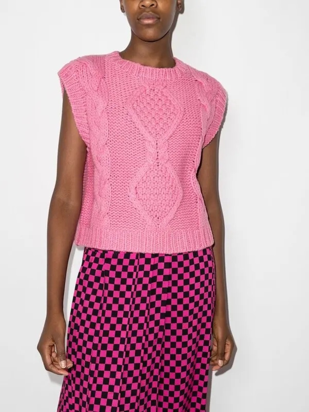 Rixo Renee Chunky Cable Knit Pink Sleeveless Sweater vest wool blend